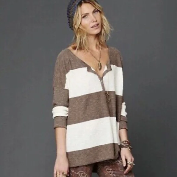 FREE PEOPLE FP Beach Brown and Cream Striped Women's Top Size Small - Picture 1 of 14